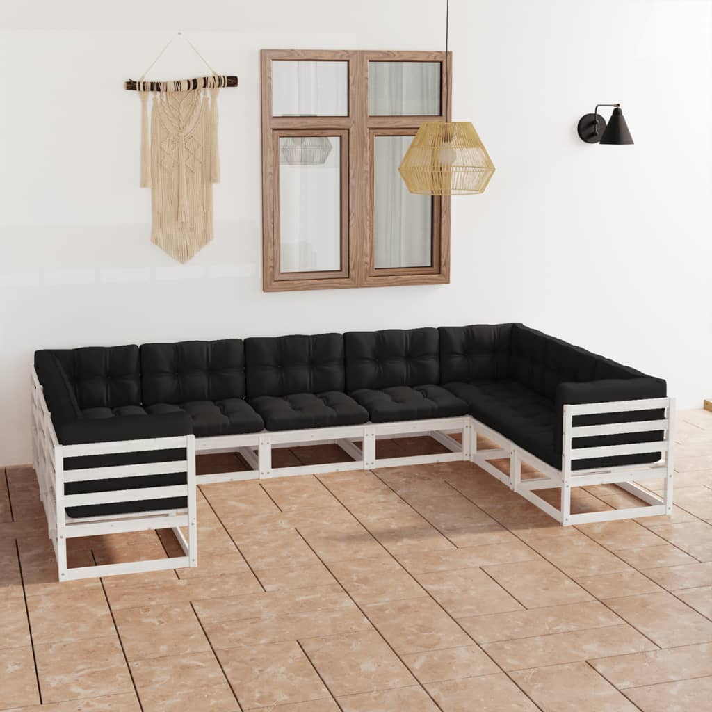 9-tlg. Garten-Lounge-Set mit Kissen Weiss Kiefer Massivholz